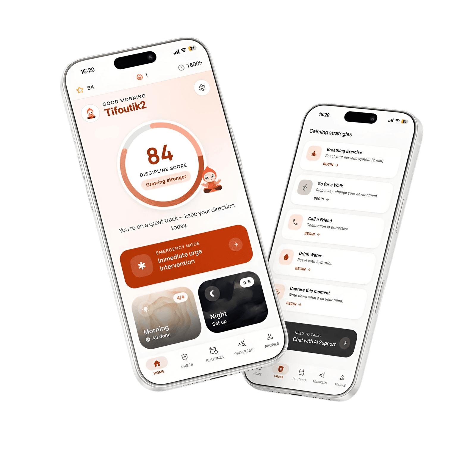 The Mentalis Home screen with the Emergency Mode button, next to the Calm Space screen with breathing guidance and coping strategies.
