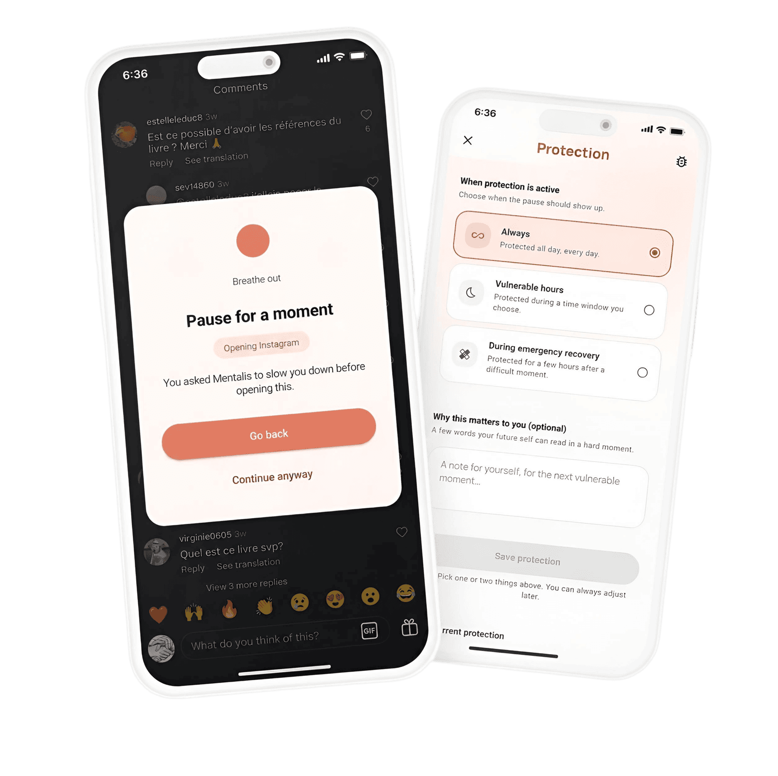 The Mentalis mindful pause screen shown before a distracting app opens, next to the Protection settings screen.