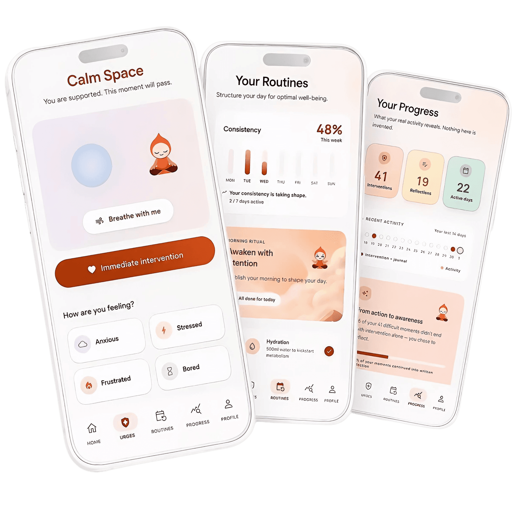 Three Mentalis screens: Calm Space, Routines, and the Progress screen with consistency insights.